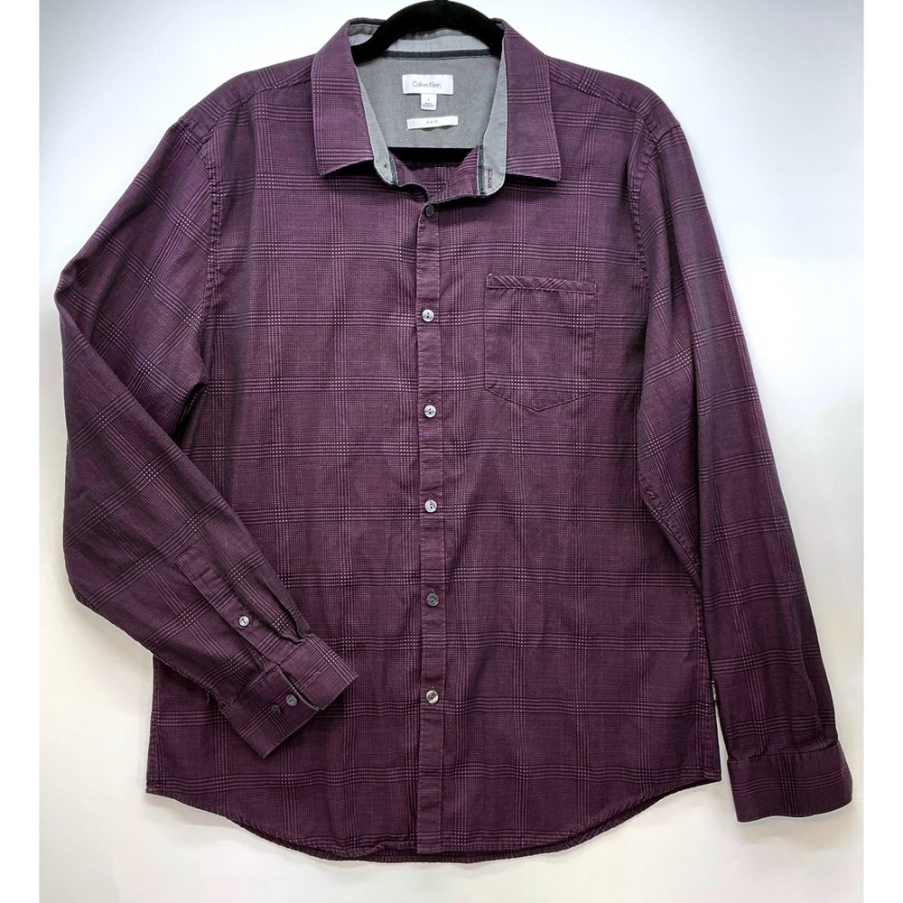 Calvin Klein Womens Purple Plaid Slim Fit Button Up Shirt‎ Sz L Preppy
